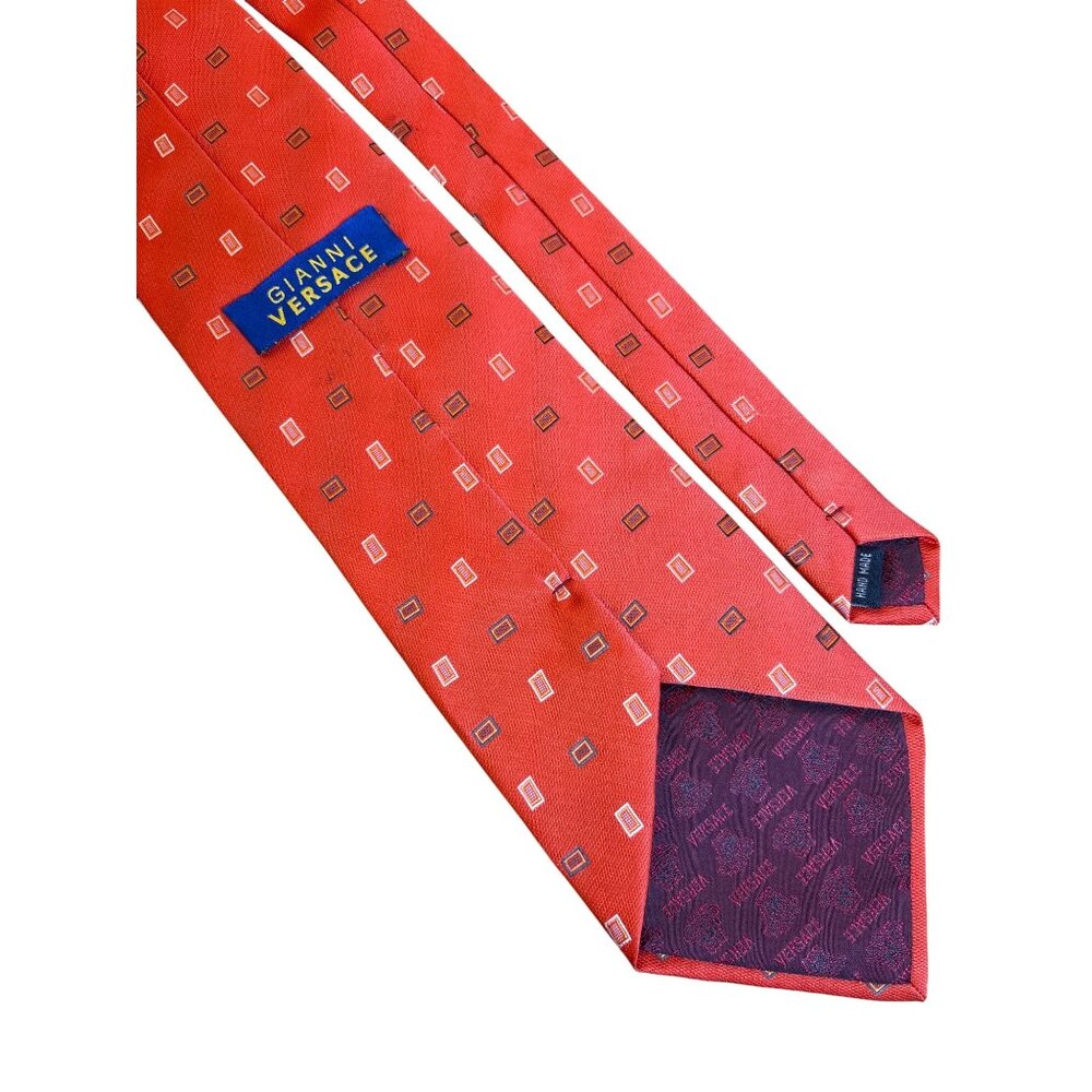 Gianni Versace Burnt Orange Tie Geo Pattern 100% Silk Luxury Designer Italy...